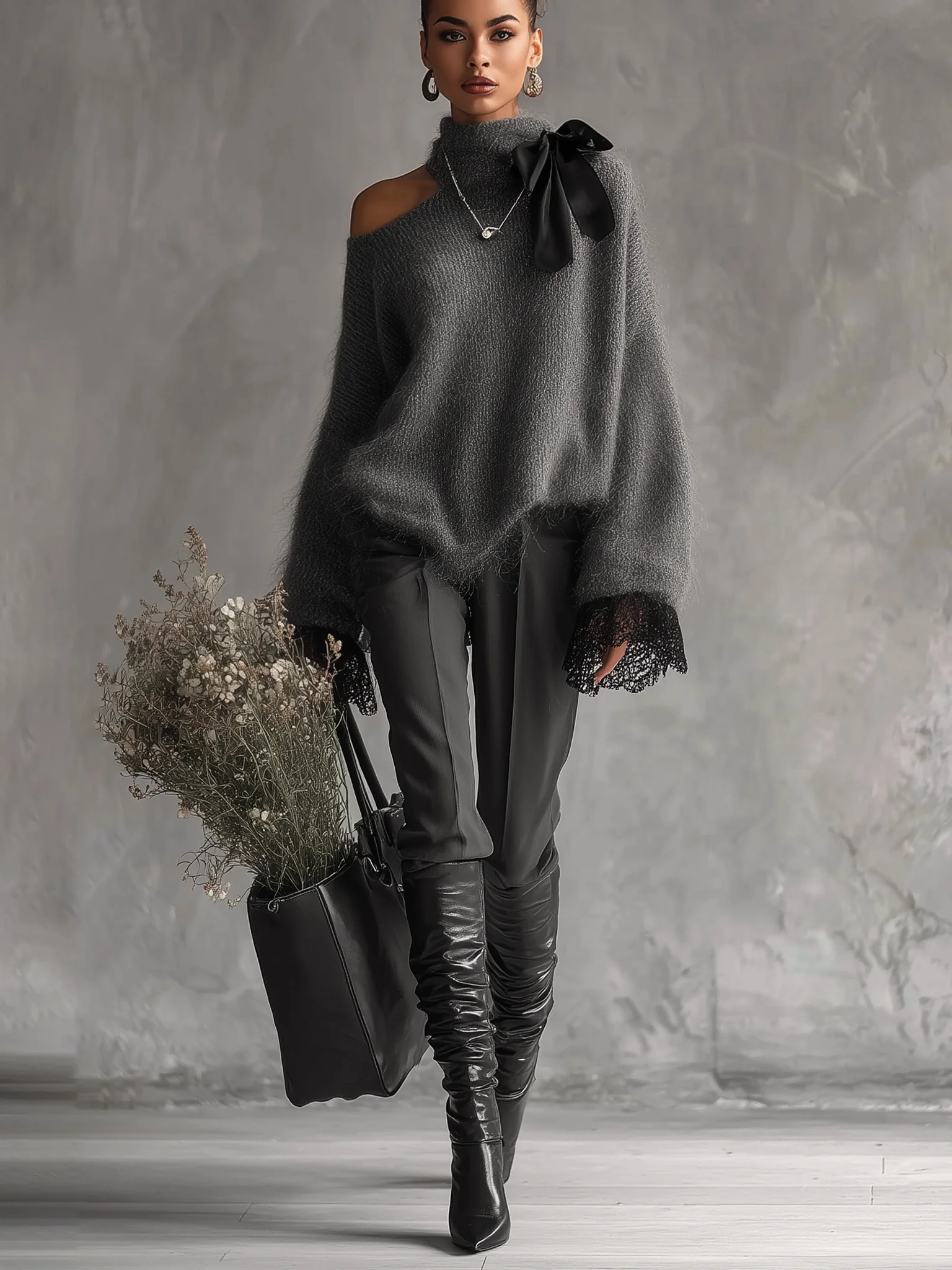 Gray Mohair Knit Sweater With Lace Cuffs