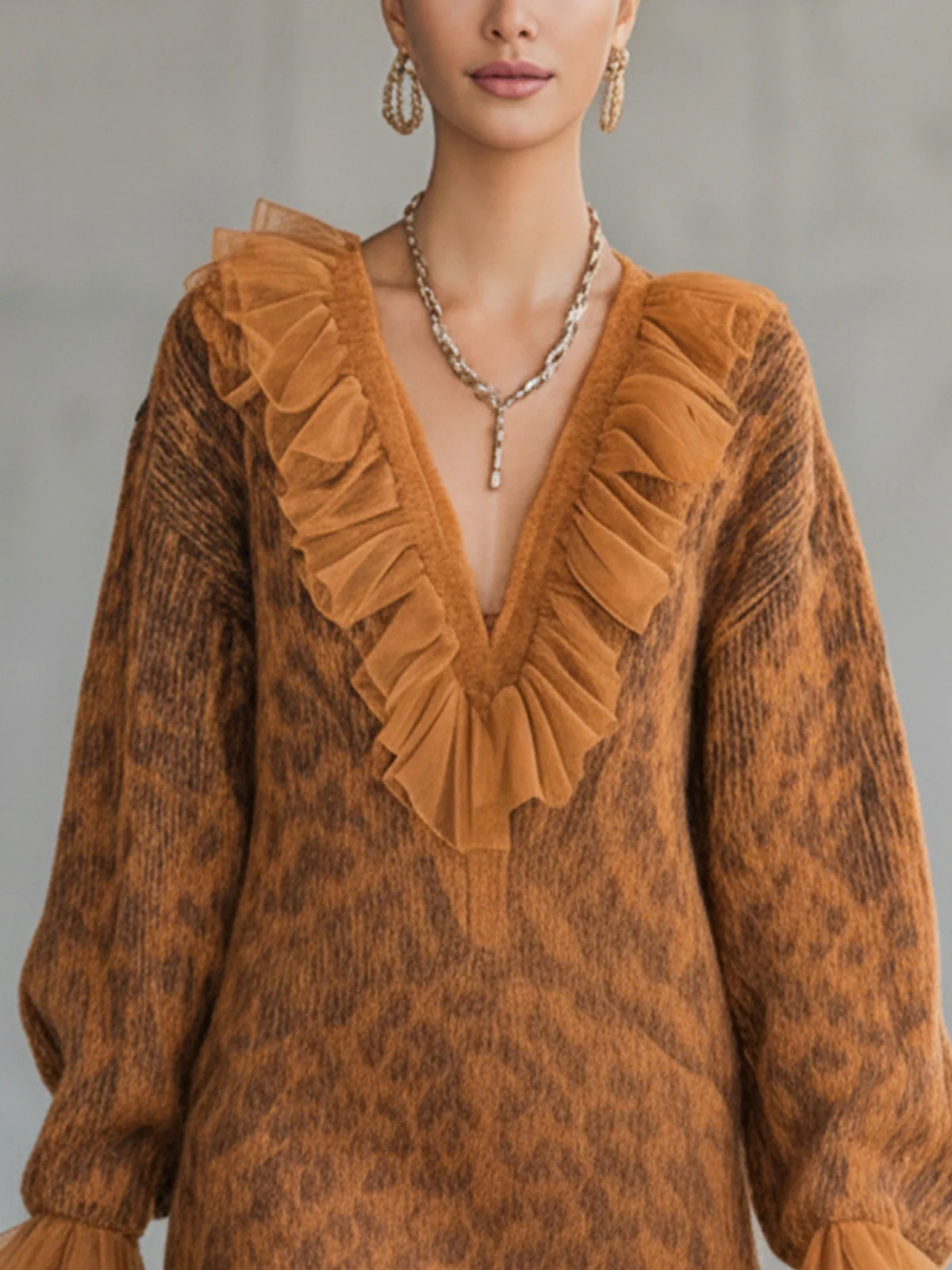 Orange Leopard Knit Mini Dress With Tulle Ruffle Trim