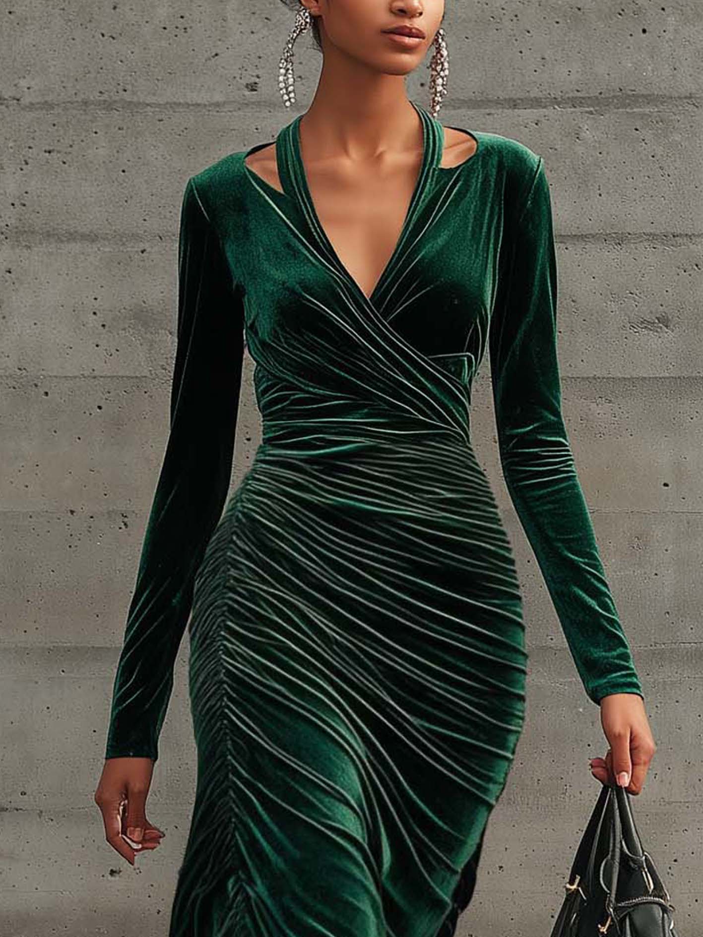 Emerald Green Cutout Ruched Patchwork Chiffon Bodycon Dress