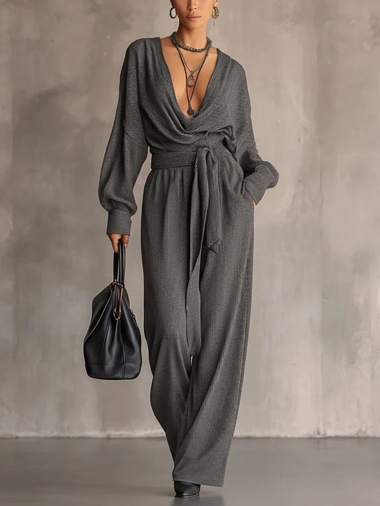 Gray Knit Deep Neck Top And Wide Leg Pants Set