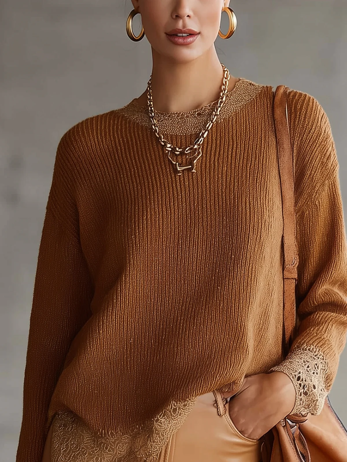 Caramel Knit Sweater With Lace Trim Hem And Cuffs