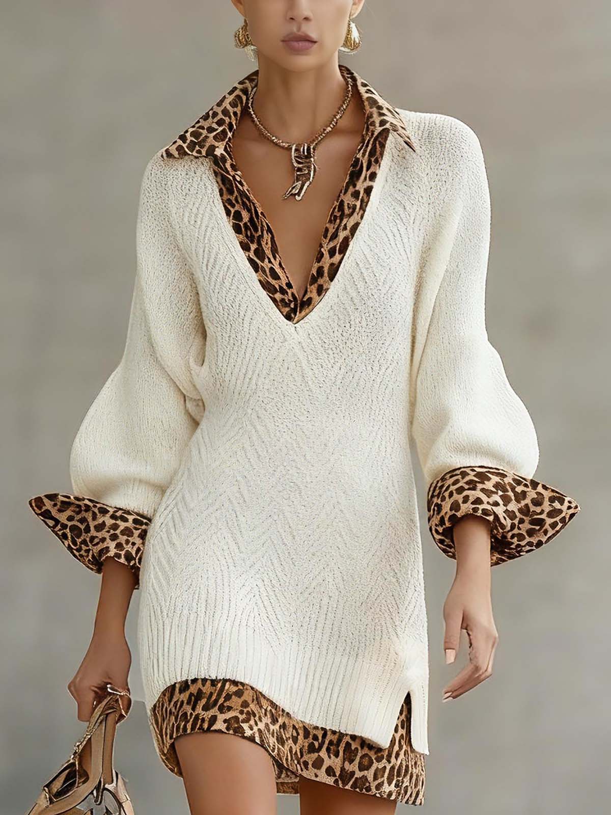 White Knitted Denim Patchwork Long Sleeve Mini Dress