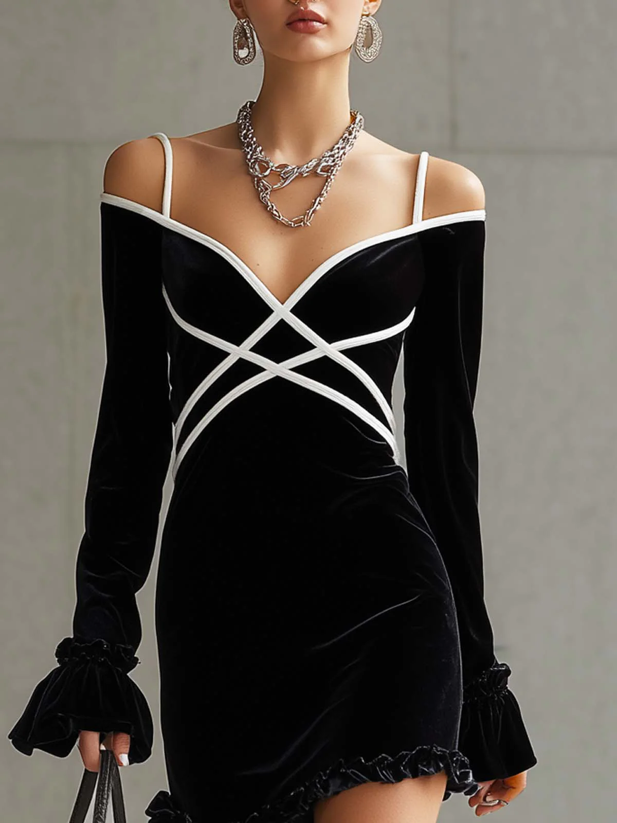 Black Velvet Off Shoulder Ruffled Mini Dress