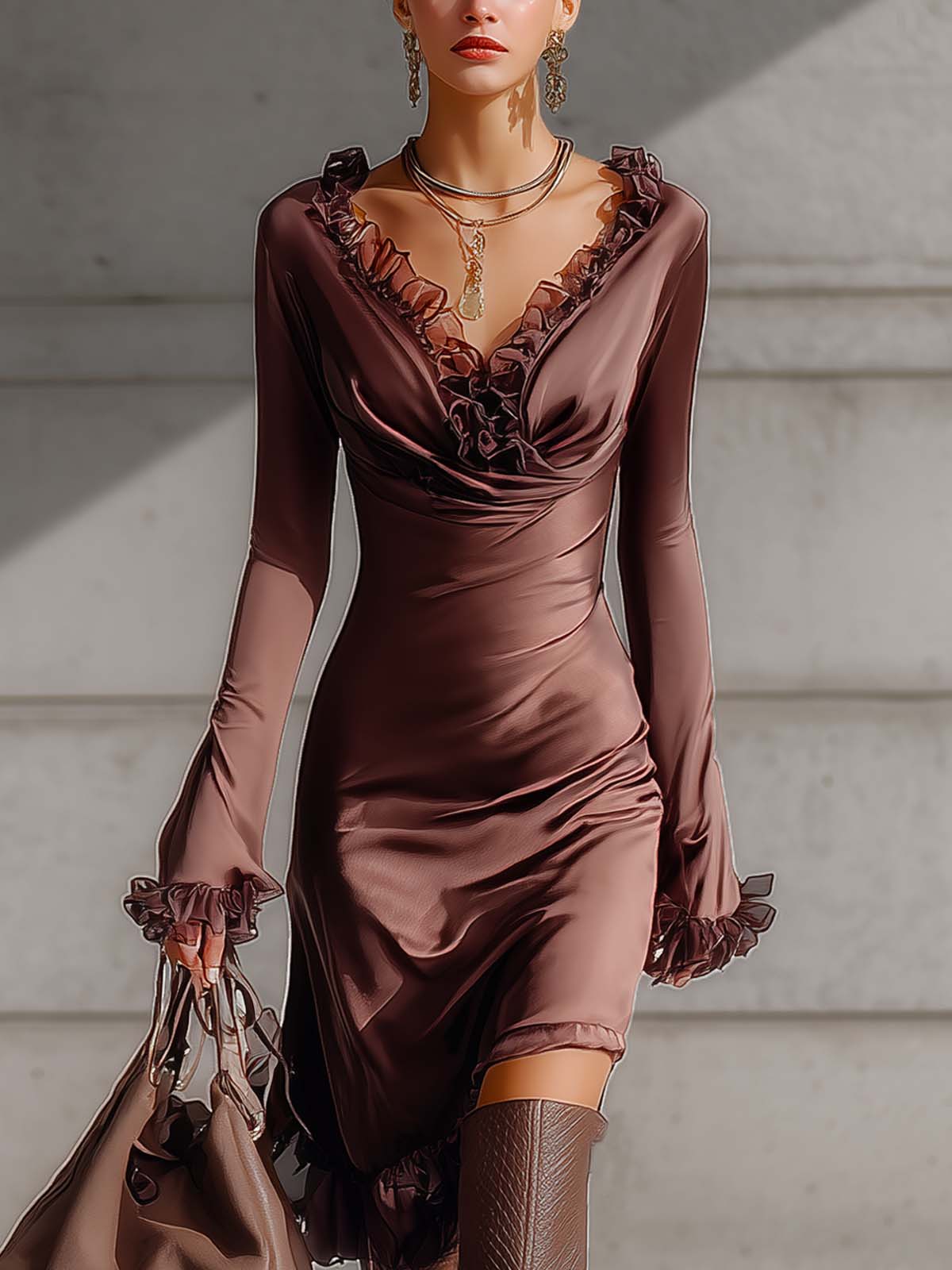 Burgundy Satin V-neck Tulle Ruffle Fitted Midi Dress