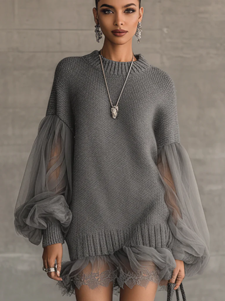 Gray Knit Chiffon Lantern Sleeve Lace Mini Dress