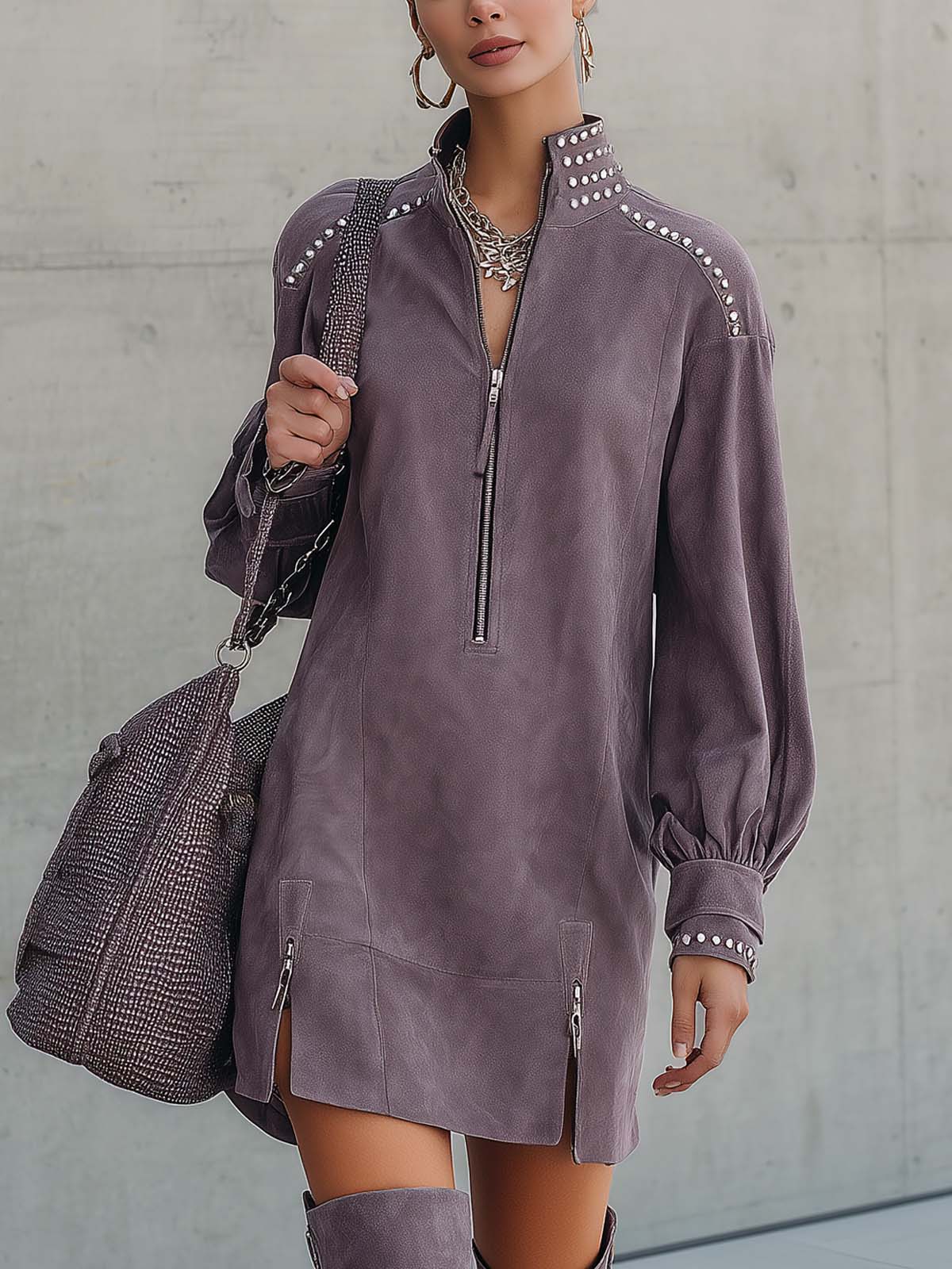 Purple Faux Suede Studded Zipper Double Slit Mini Dress