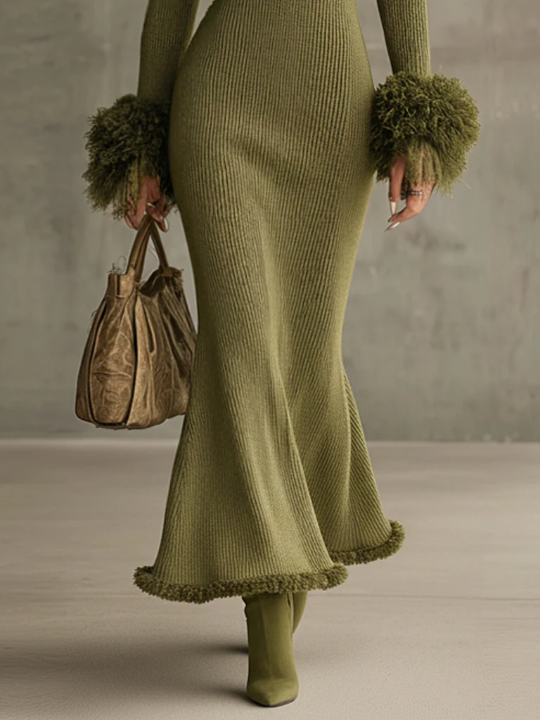 Green Knit Eco-Friendly Fur Collar Long Sleeve Maxi Dress