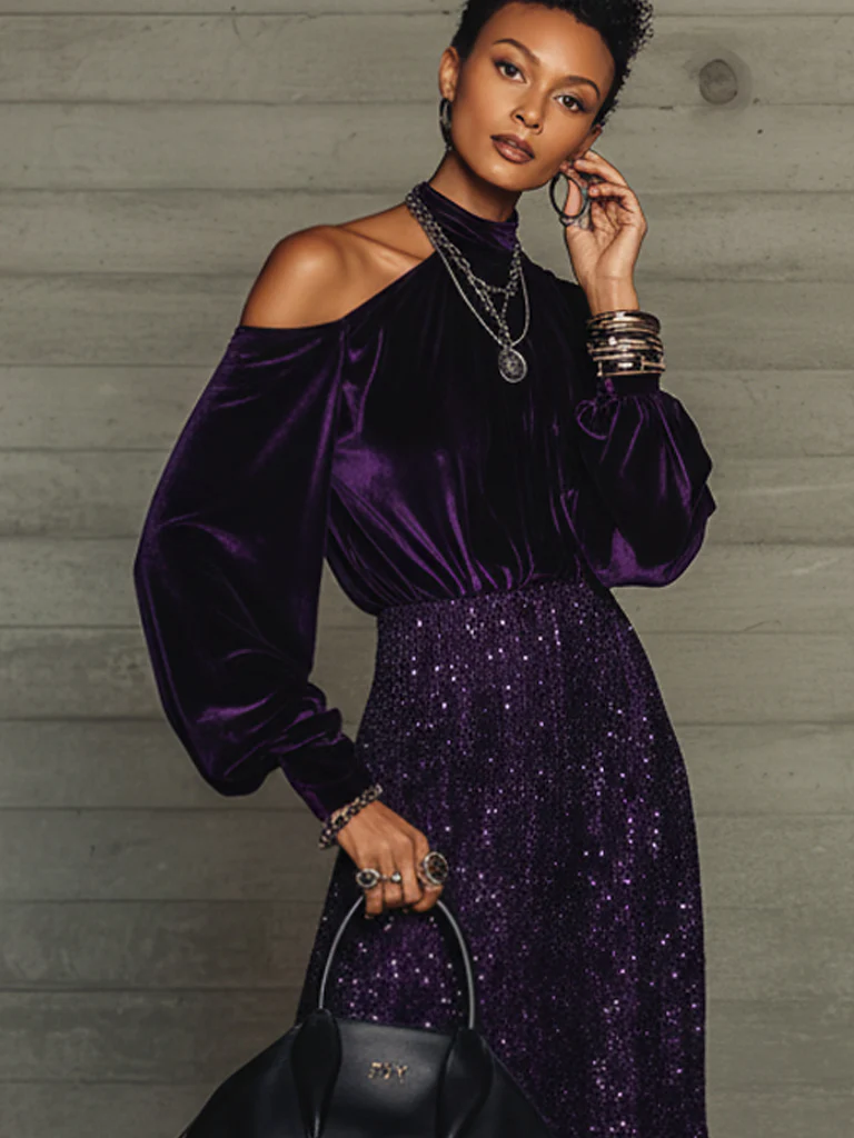 Purple Velvet And Sequin Long Sleeve Maxi Dress