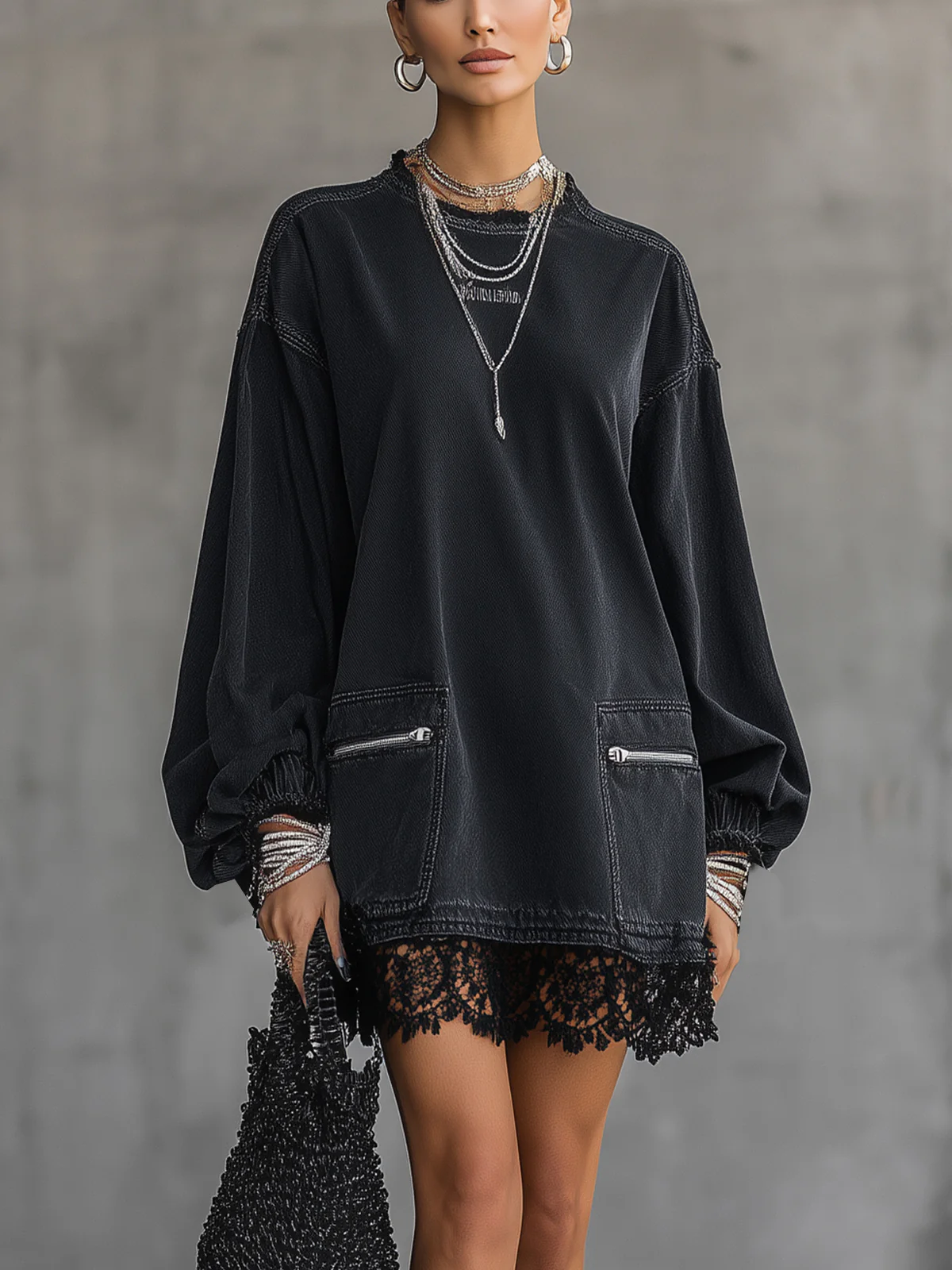 Black Lace Hem Long Sleeve  Denim Mini Dress