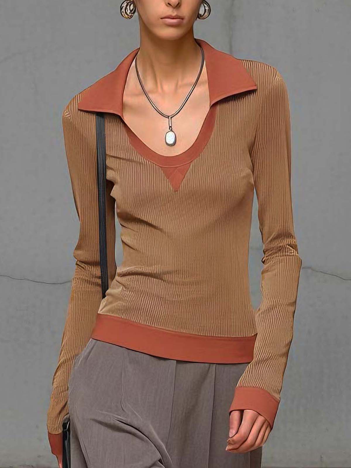 Brown Stretch Knit Color-blocked Collared Slim-fit Long-sleeved T-shirt