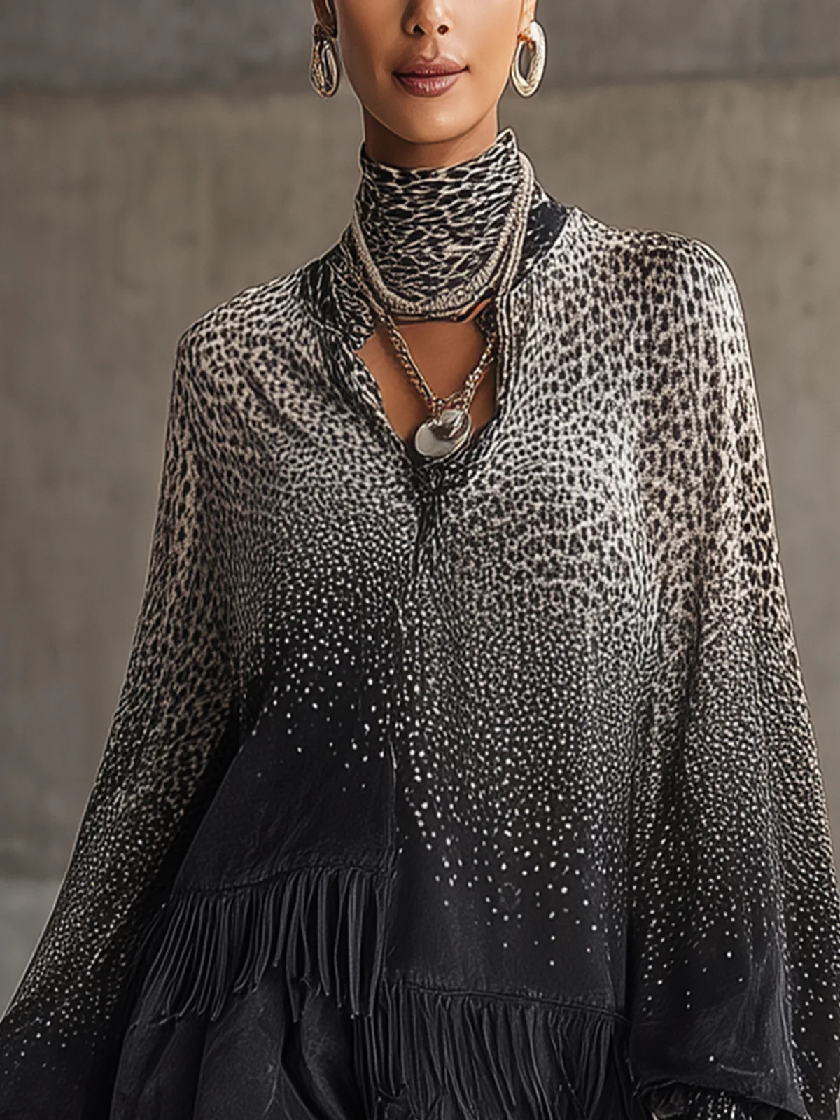 Black Ombre Leopard Print Faux Suede Dress And Fringe Hem