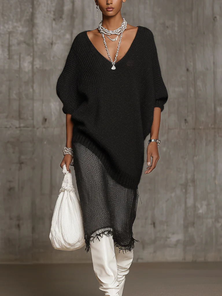 Gray Knit Oversized Sweater And Tulle Knit Midi Skirt Set