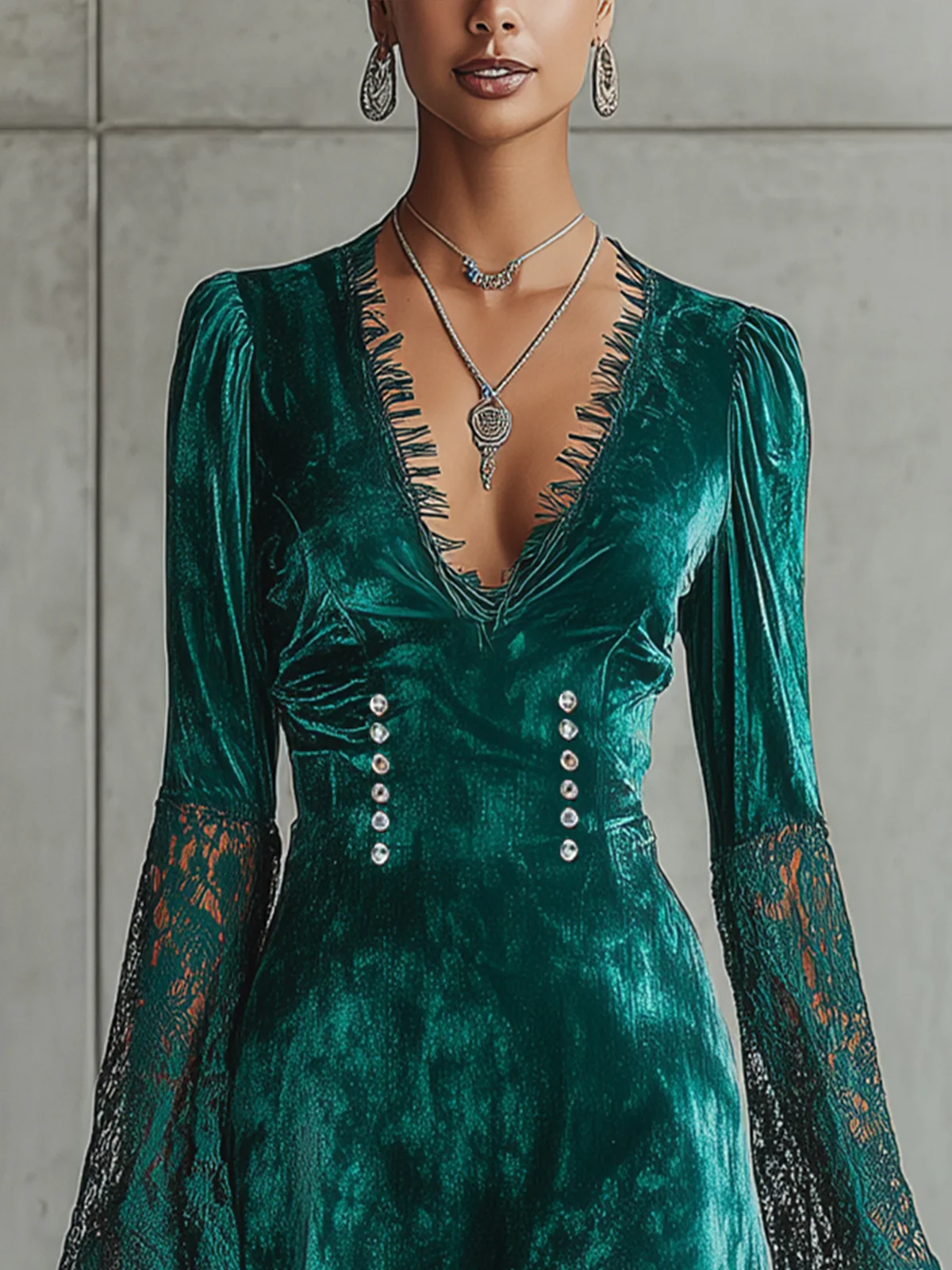 Emerald Green Velvet Lace Sleeve Mini Dress