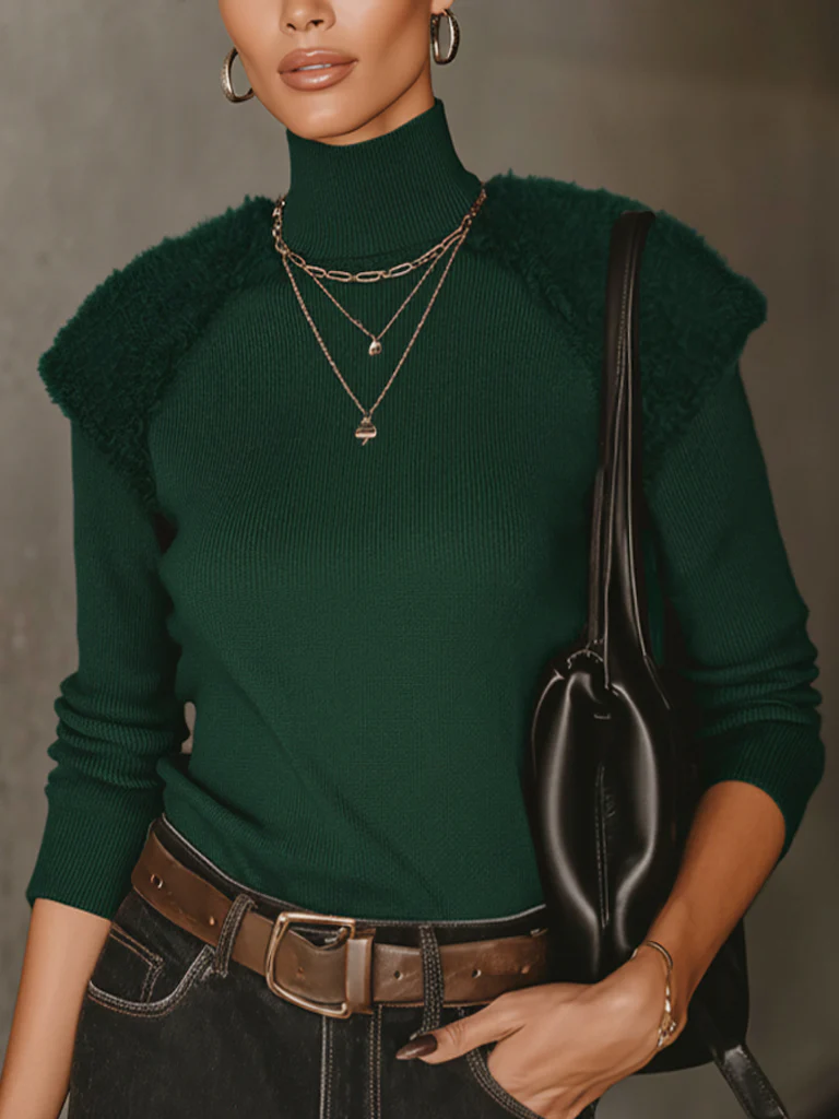 Emerald Green Turtleneck With Fuzzy Sleeve Sweater