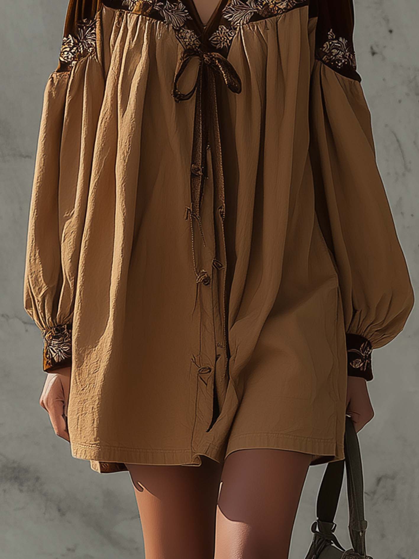 Light Brown Patchwork Velvet Embroidered Mini Dress