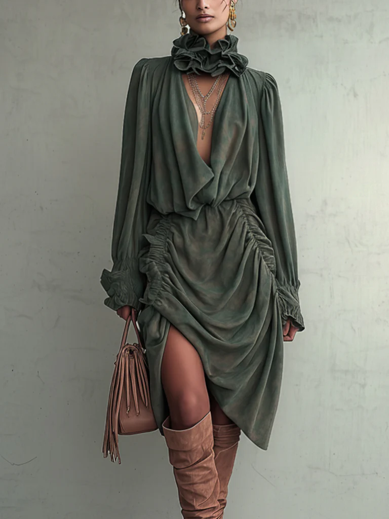 Vintage Green Suede Deep V-Neck Long Sleeve Midi Dress