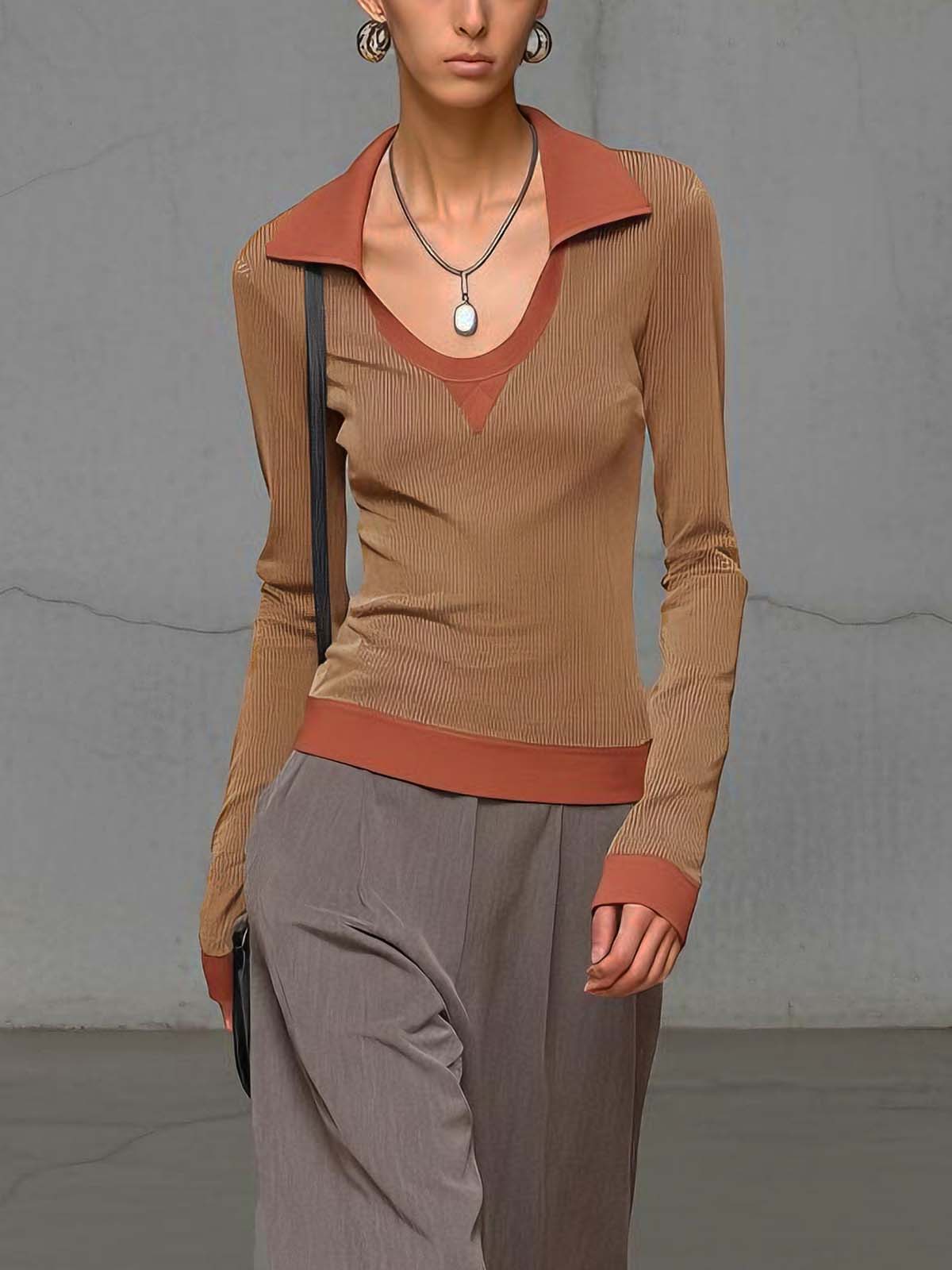 Brown Stretch Knit Color-blocked Collared Slim-fit Long-sleeved T-shirt