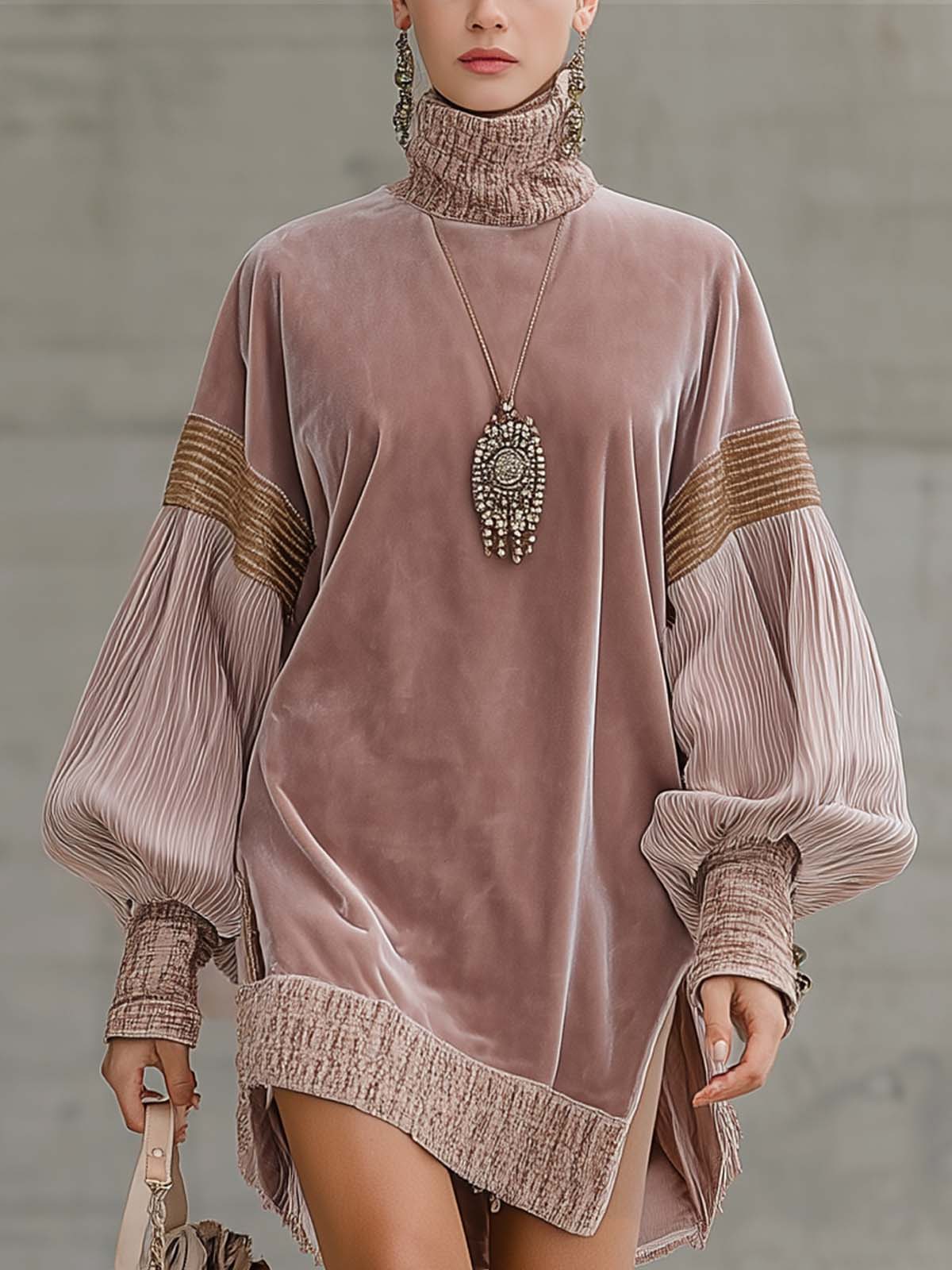 Light Pink Velvet And Corduroy High Neck Loose Mini Dress