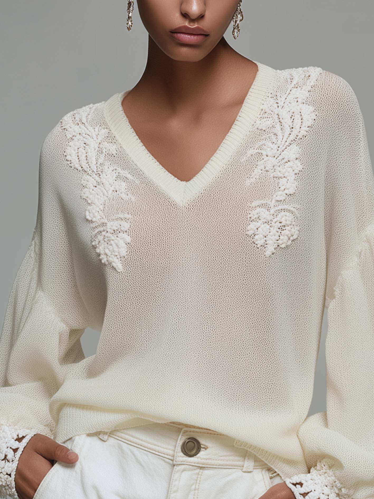 White Sheer Knit Sweater With Embroidered V-Neck