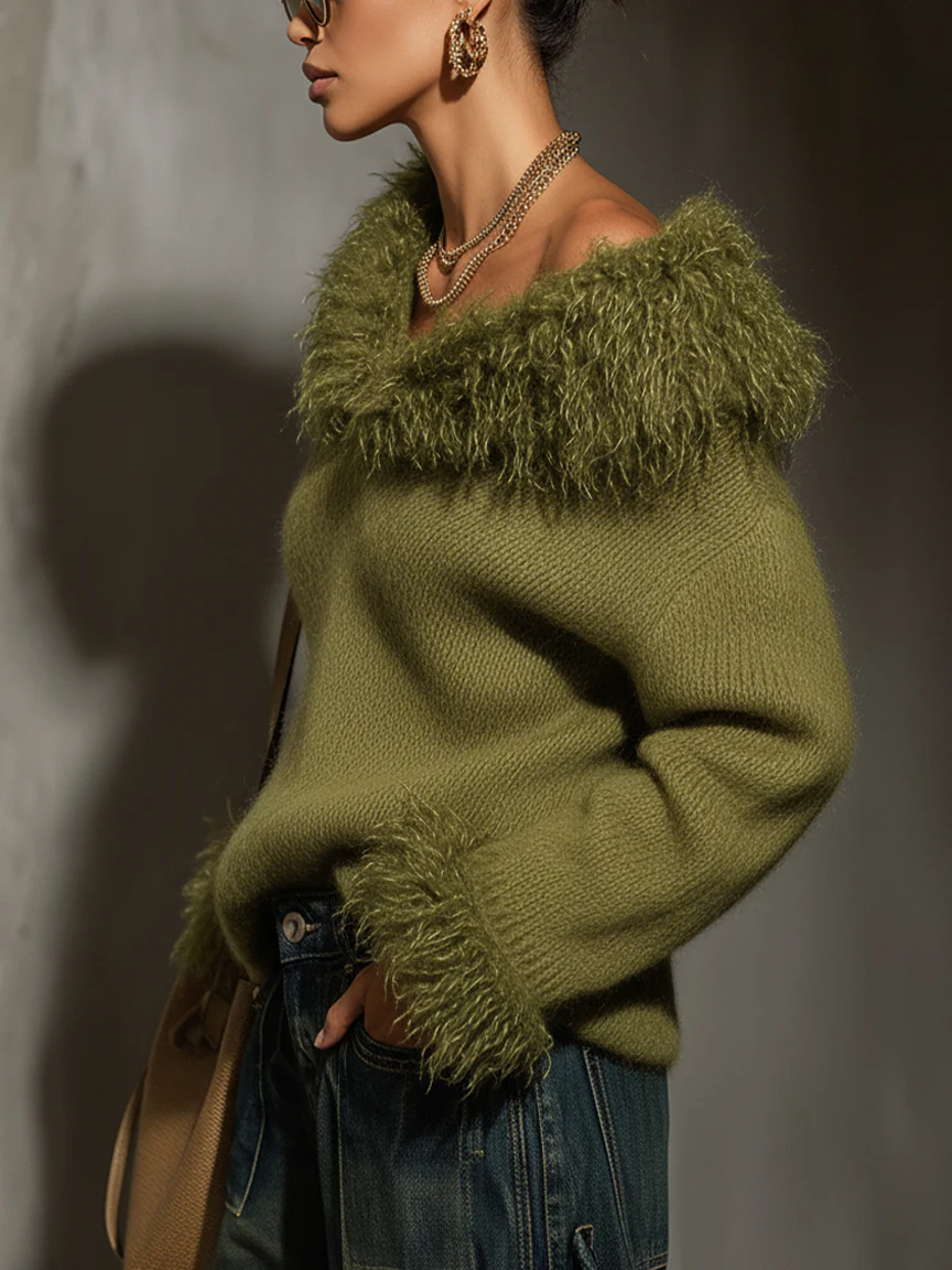 Green Mohair V-Neck Sweater With Eco Fur Accents
