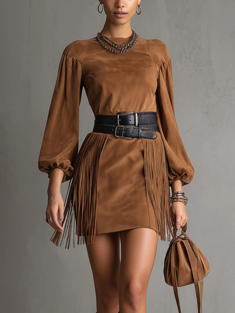 Brown Faux Suede Fringe Long Sleeve Mini Dress With Double Belt