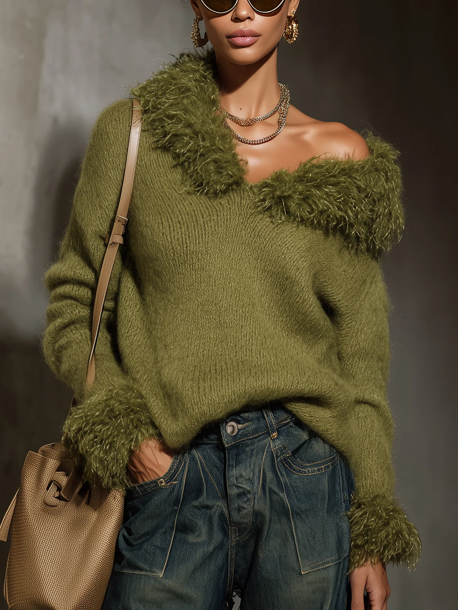 Green Mohair V-Neck Sweater With Eco Fur Accents
