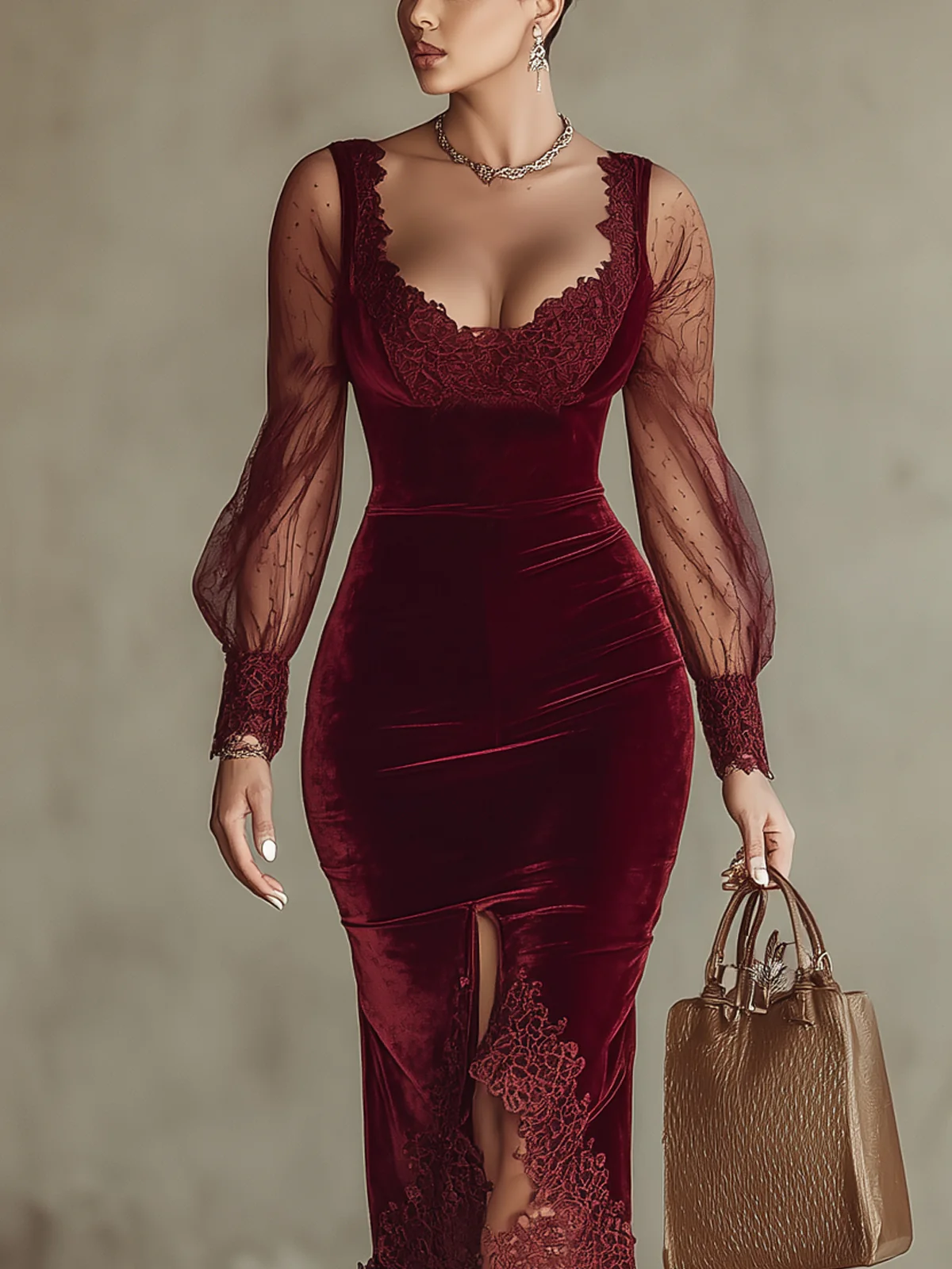 Burgundy Velvet Lace Trim Mesh Sleeve Bodycon Midi Dress
