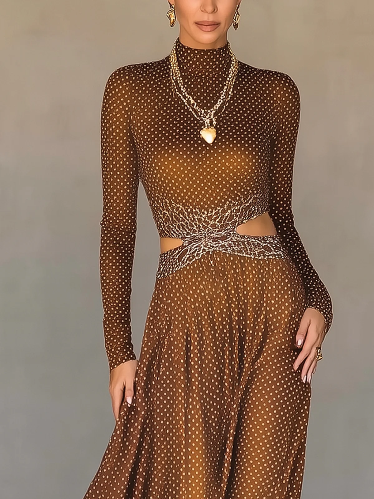 Brown Polka-Dot Maxi Dress With Cutout Waist And Flowing Dress