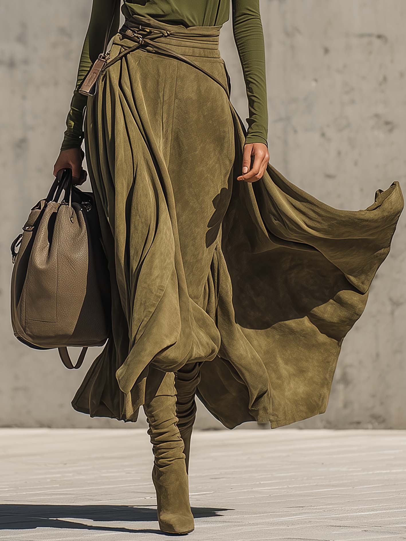 Olive Green Stretch Turtleneck Top And Faux Suede Maxi Skirt Set