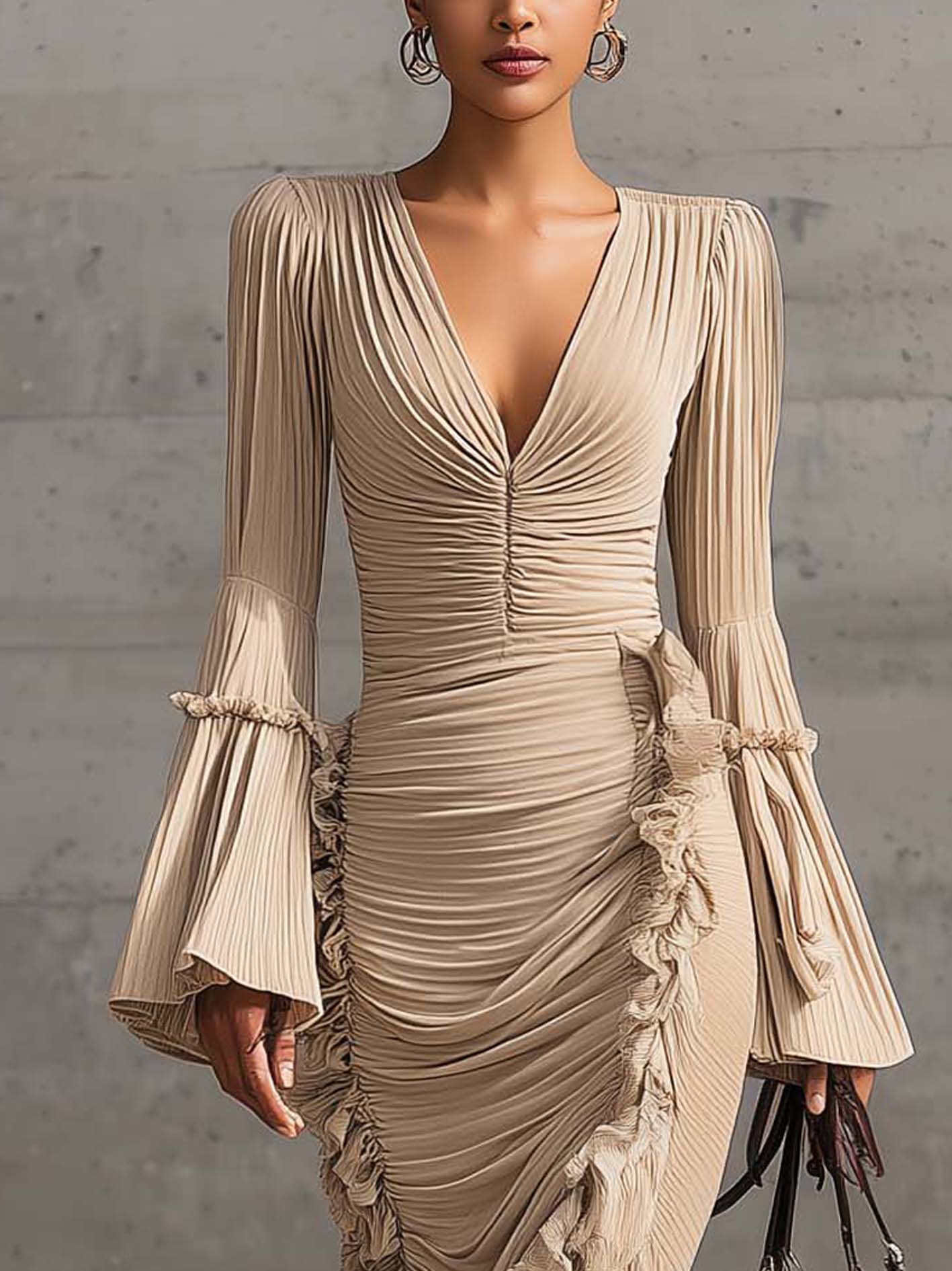 Beige Velvet Pleated Ruffle Bodycon Dress
