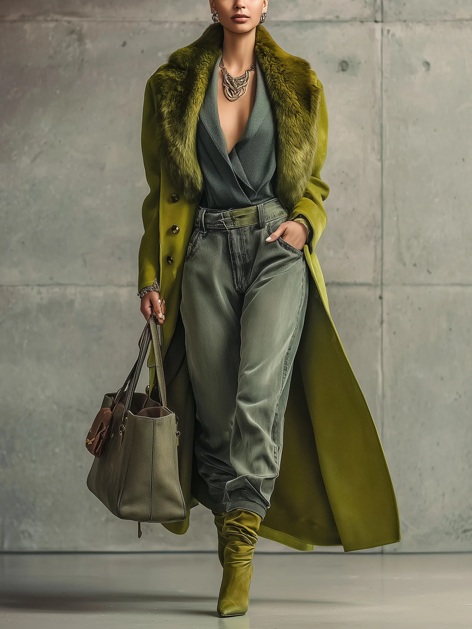 Green Wool Blend Fur Collar Coat