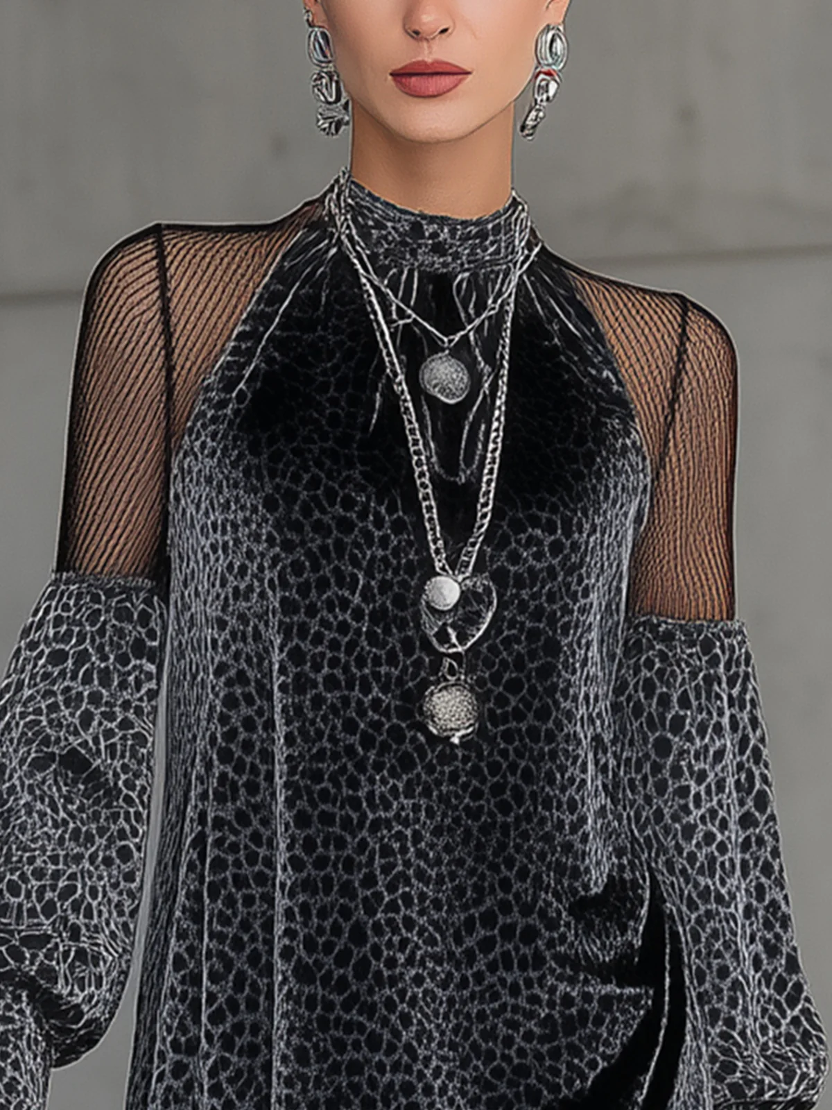 Gray Velvet Animal Print Mini Dress With Sheer Sleeves