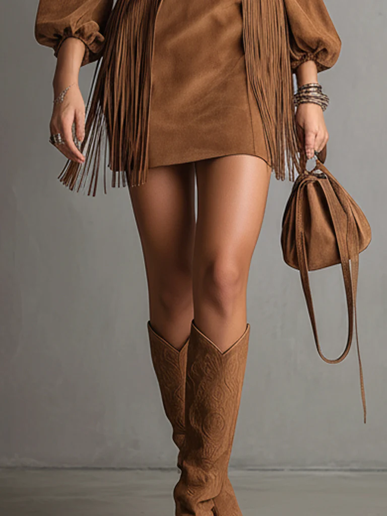 Brown Faux Suede Fringe Long Sleeve Mini Dress With Double Belt