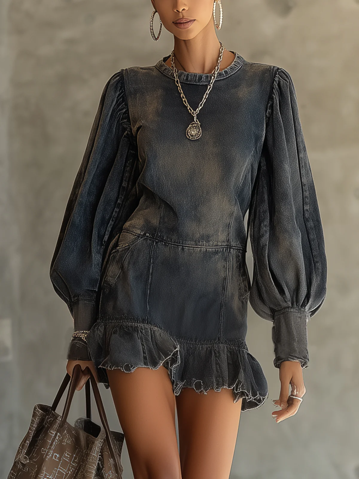 Washed Black Puff Sleeve Ruffle Hem Denim Mini Dress