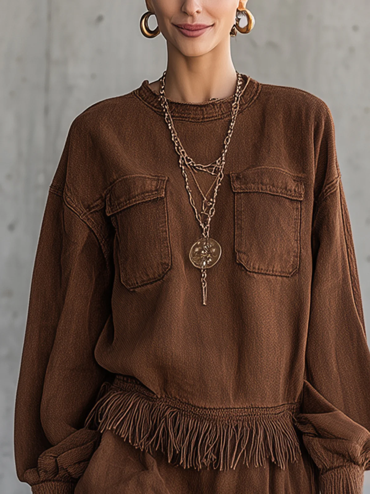 Brown Fringe Hem Long Sleeve Denim Mini Dress