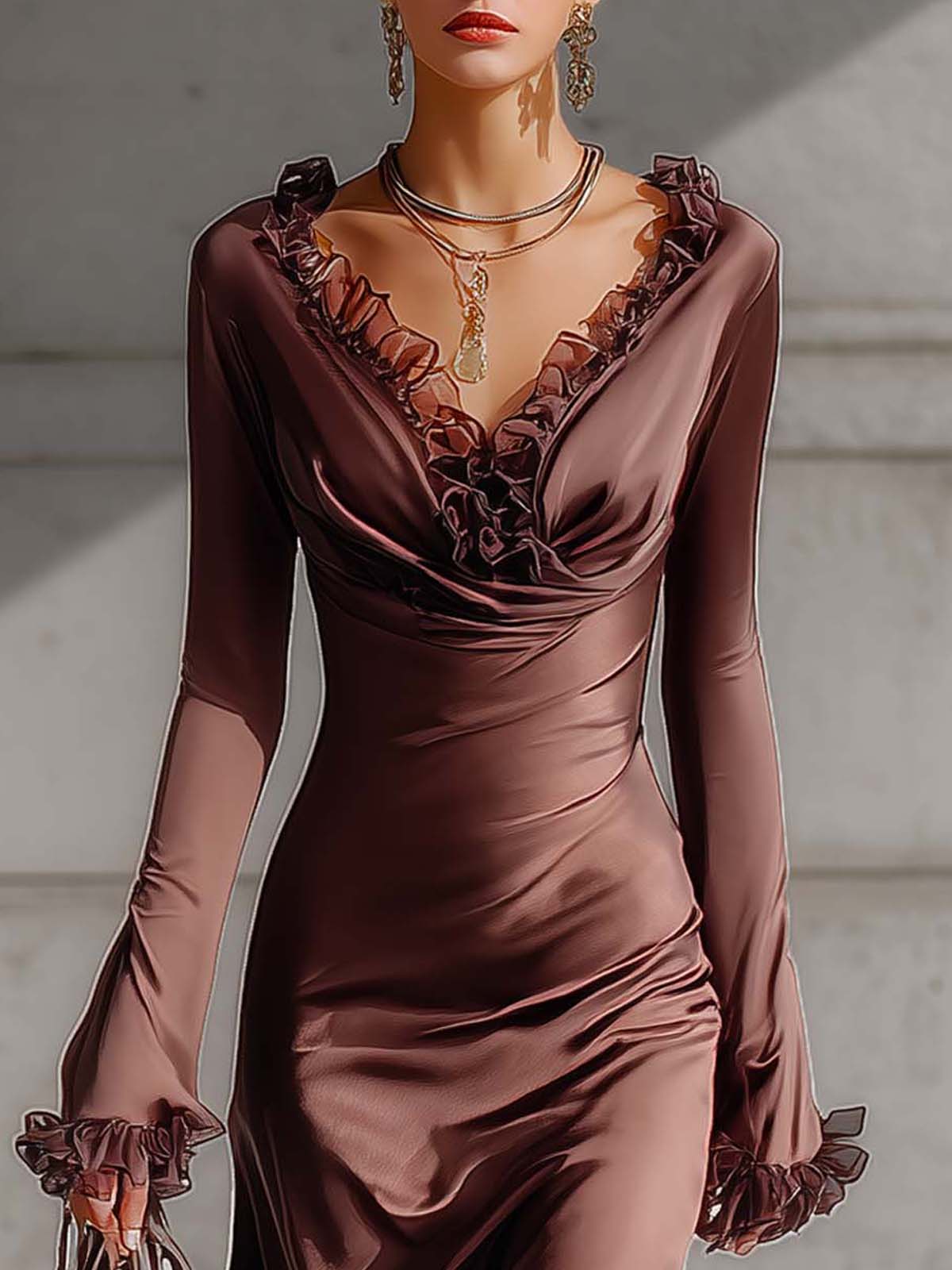 Burgundy Satin V-neck Tulle Ruffle Fitted Midi Dress