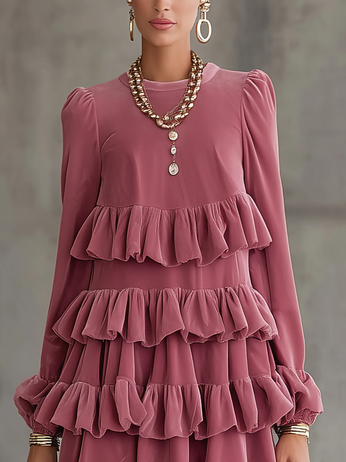 Rose Tiered Ruffle Velvet Mini Dress With Long Sleeves