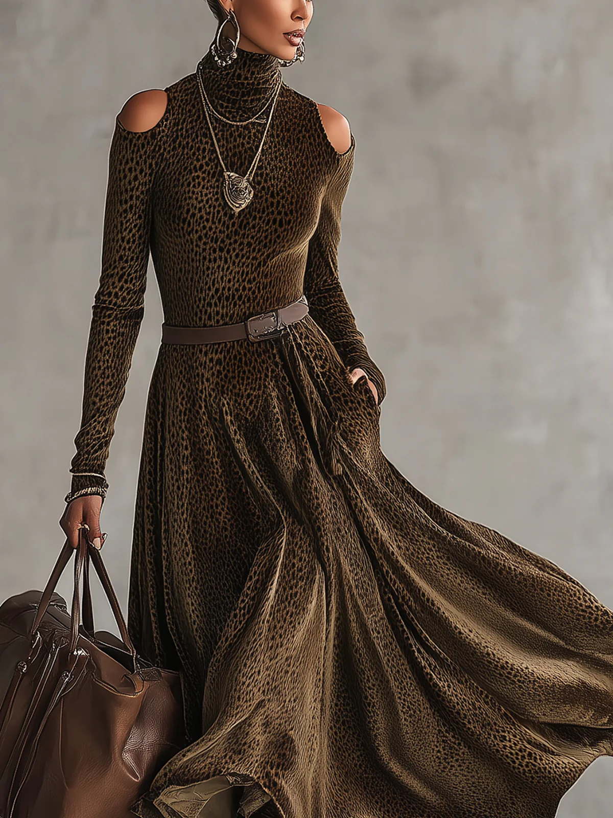 Brown Leopard Print Cold-Shoulder High Neck Belted Velvet Maxi Dress