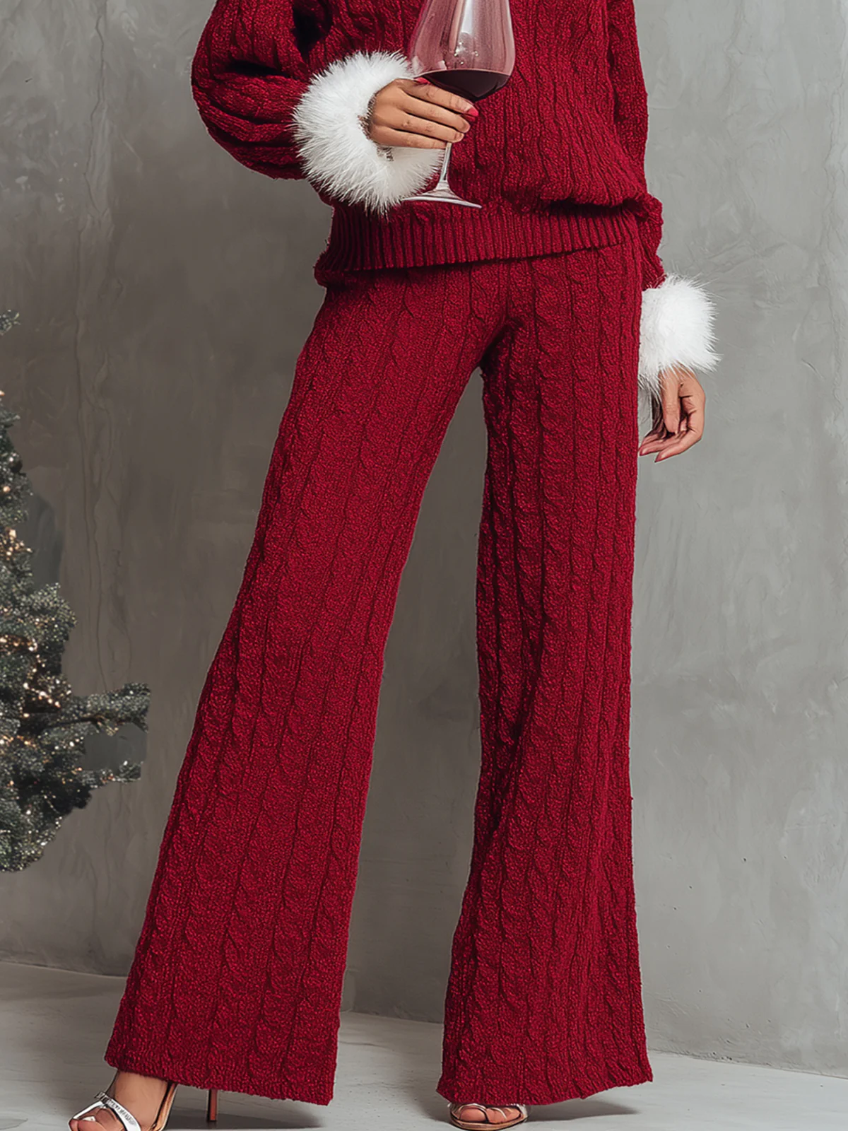 Red Cable-Knit Set With Faux Fur Trim