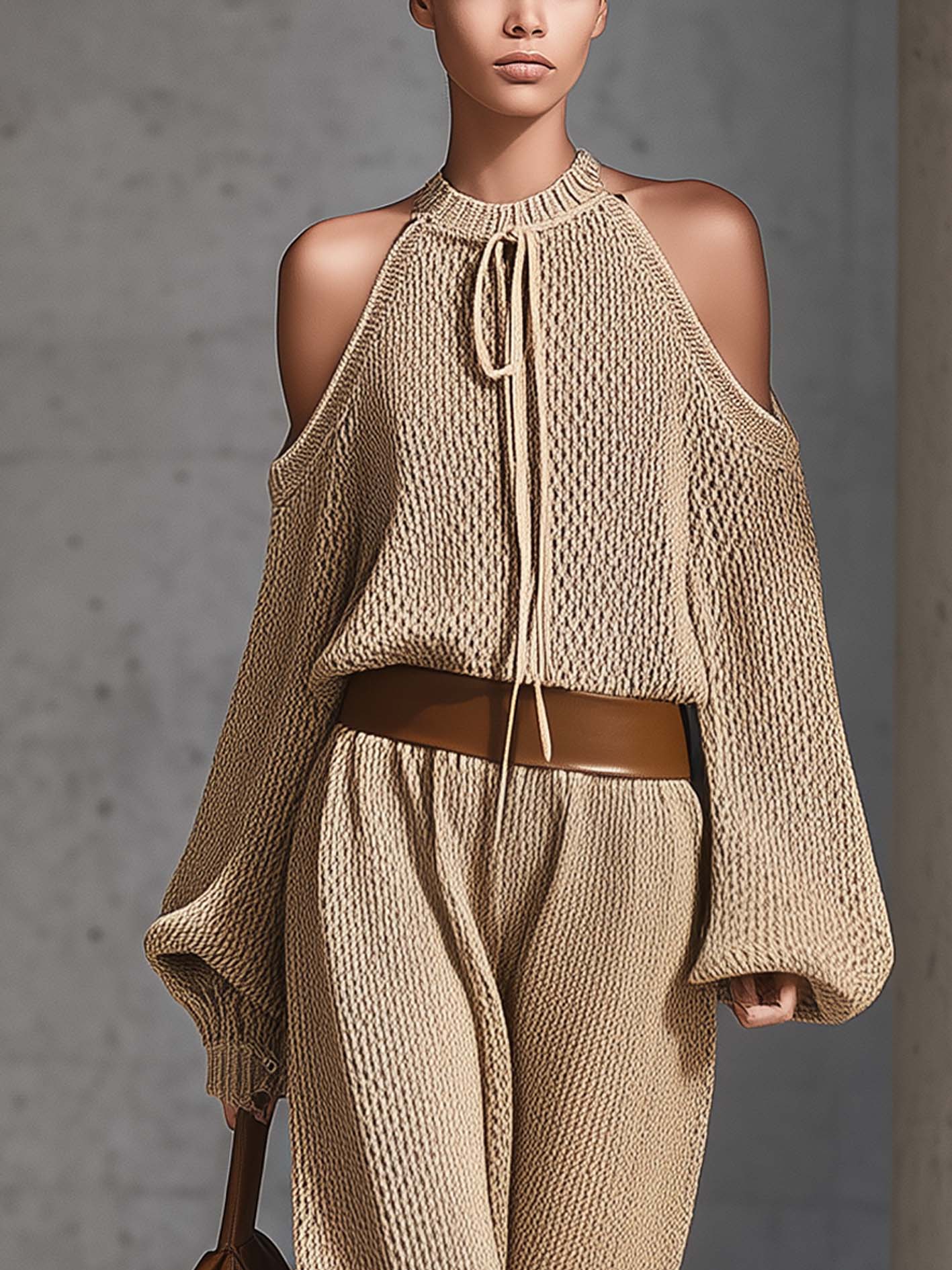 Beige Cold Shoulder Knit Maxi Dress With Belt