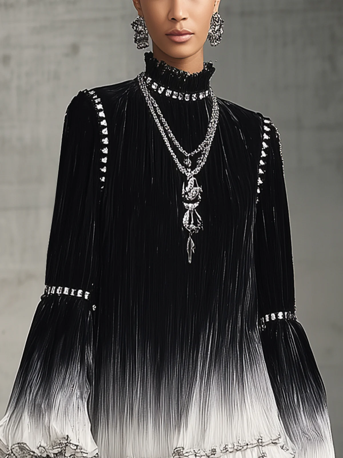 Black And White Ombre Ruffled Mini Velvet Dress With Statement Sleeves