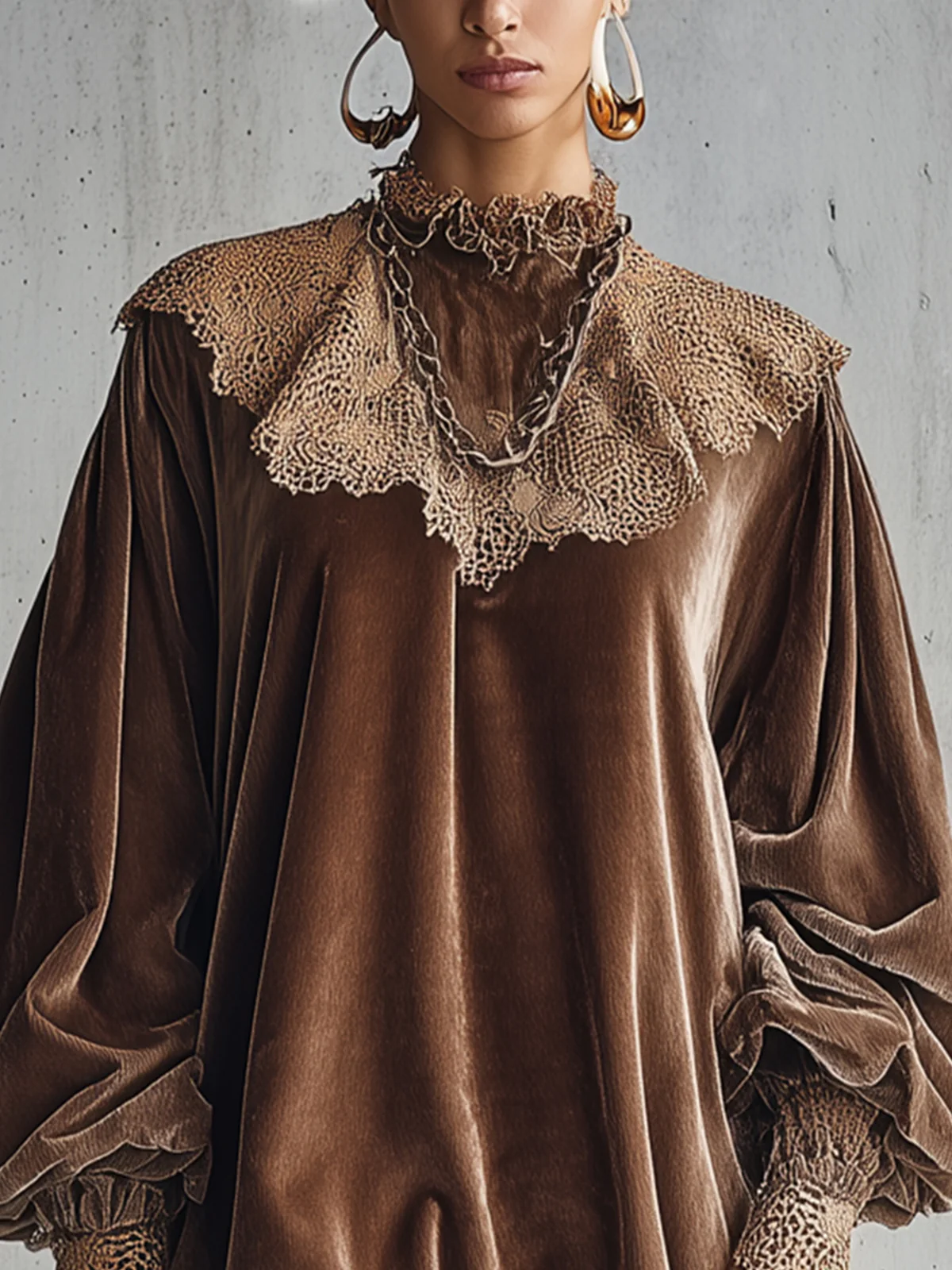 Vintage-Inspired Brown Velvet Lace Trim Mini Dress