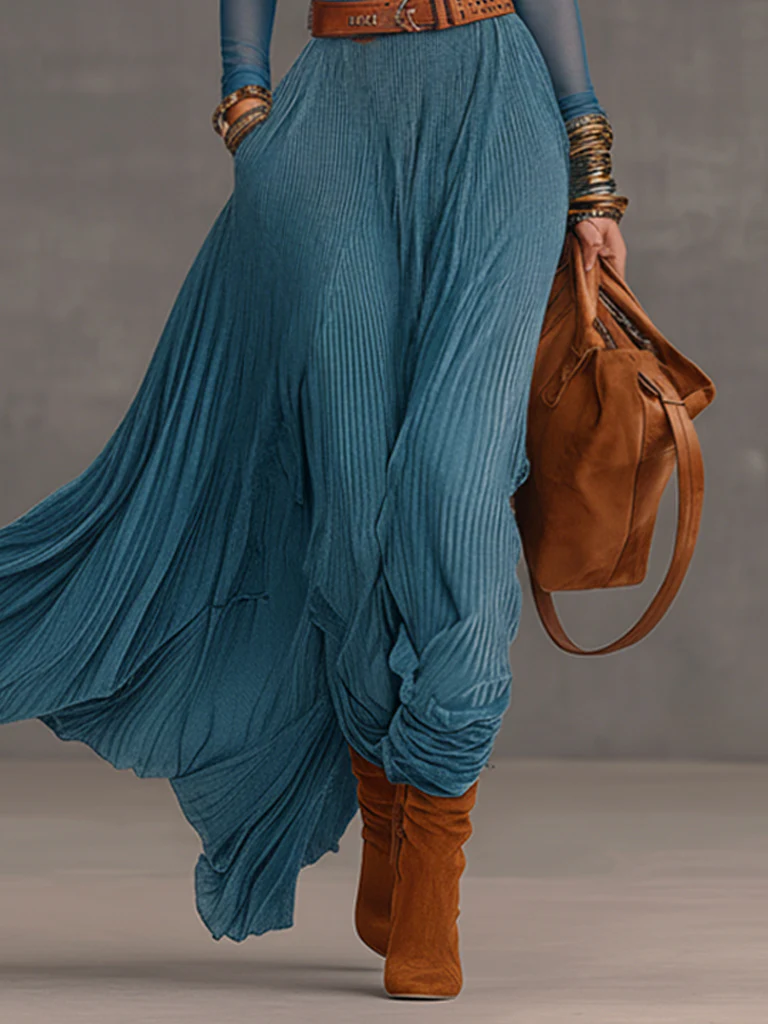 Blue Velvet Mesh Sleeve Maxi Dress With Brown Belt