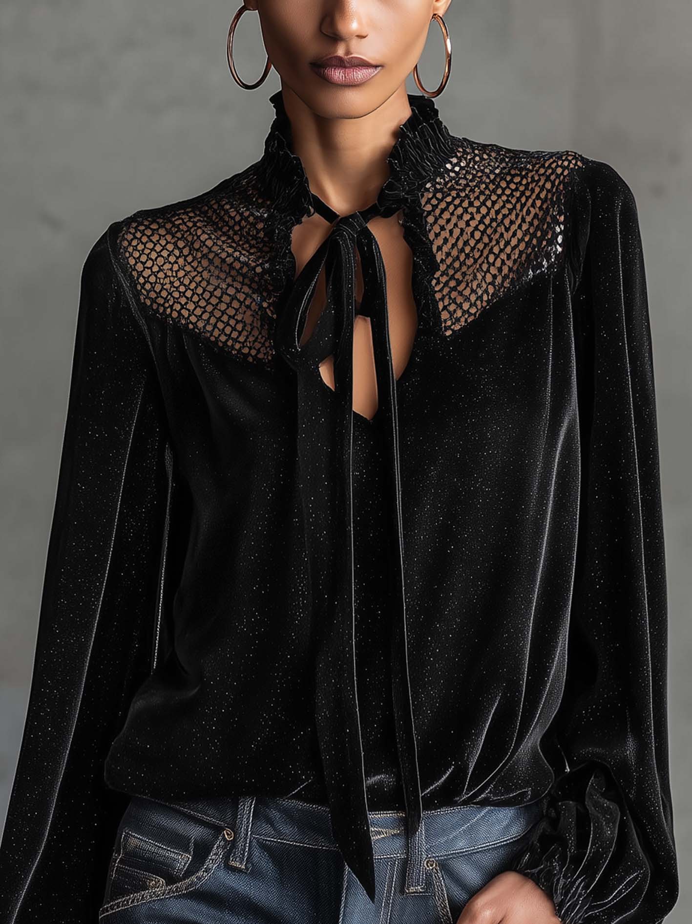 Black Sparkle Velvet Blouse With Mesh Patchwork