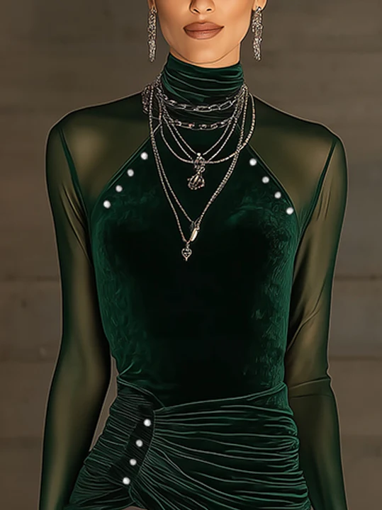 Green Velvet Mesh Asymmetric Ruched Shirt