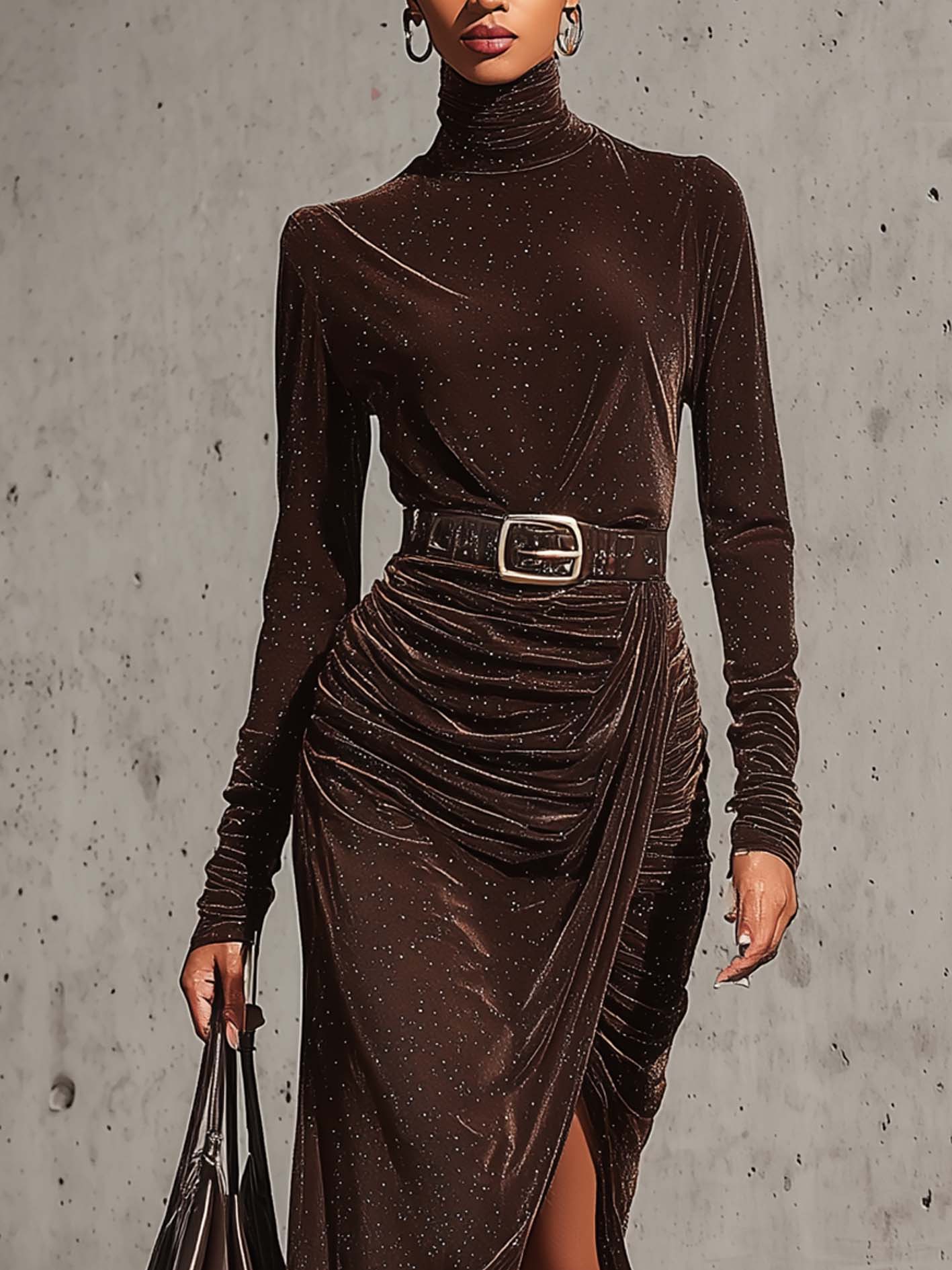 Chocolate Sparkle Velvet Bodycon Dress With Belt