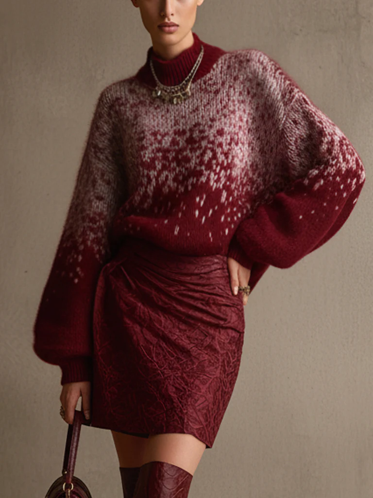 Red Christmas Gradient Mohair Knit Long Sleeve Sweater
