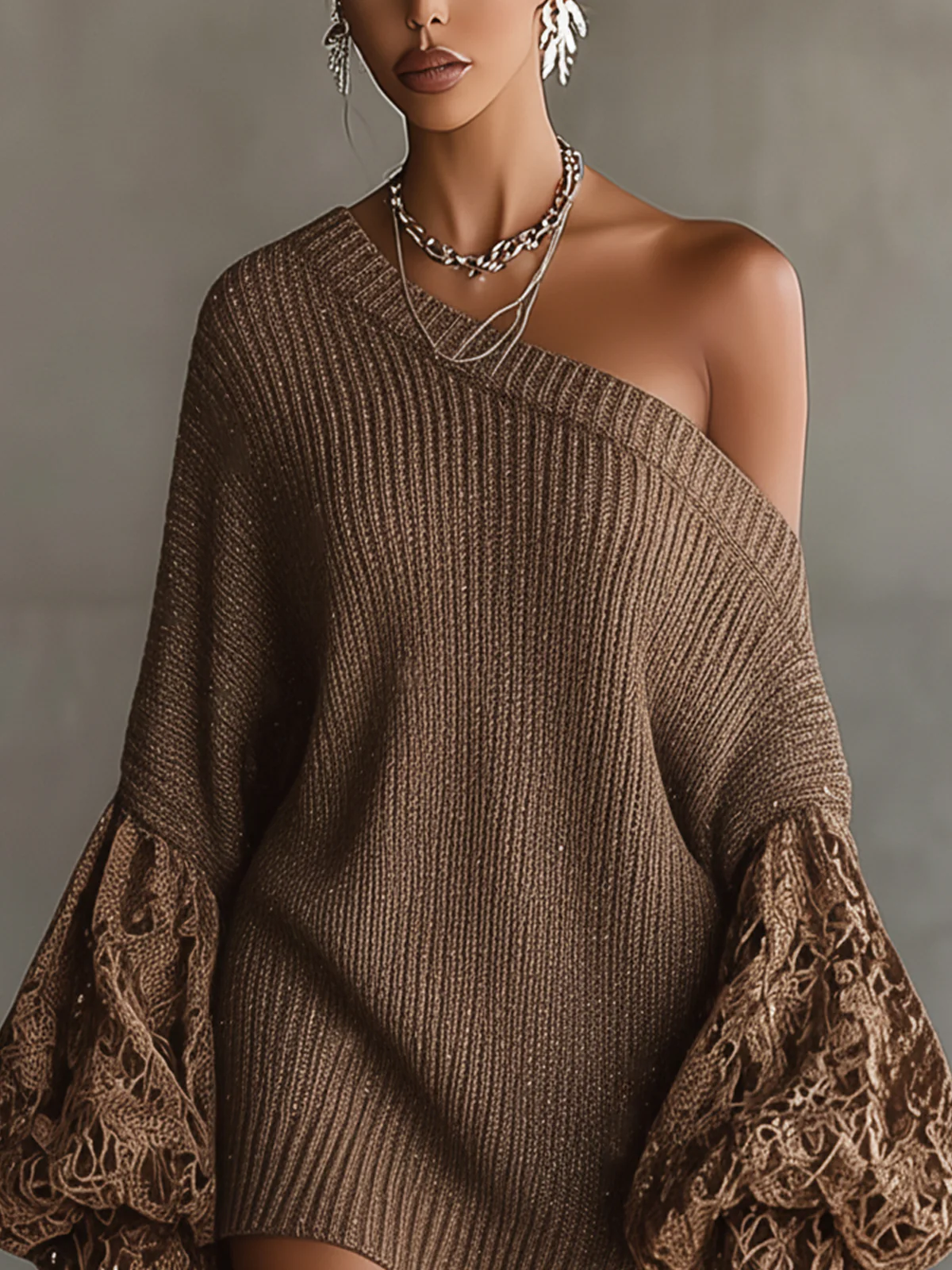 Brown Off-Shoulder Knit Sweater Dress With Lace Puff Sleeves