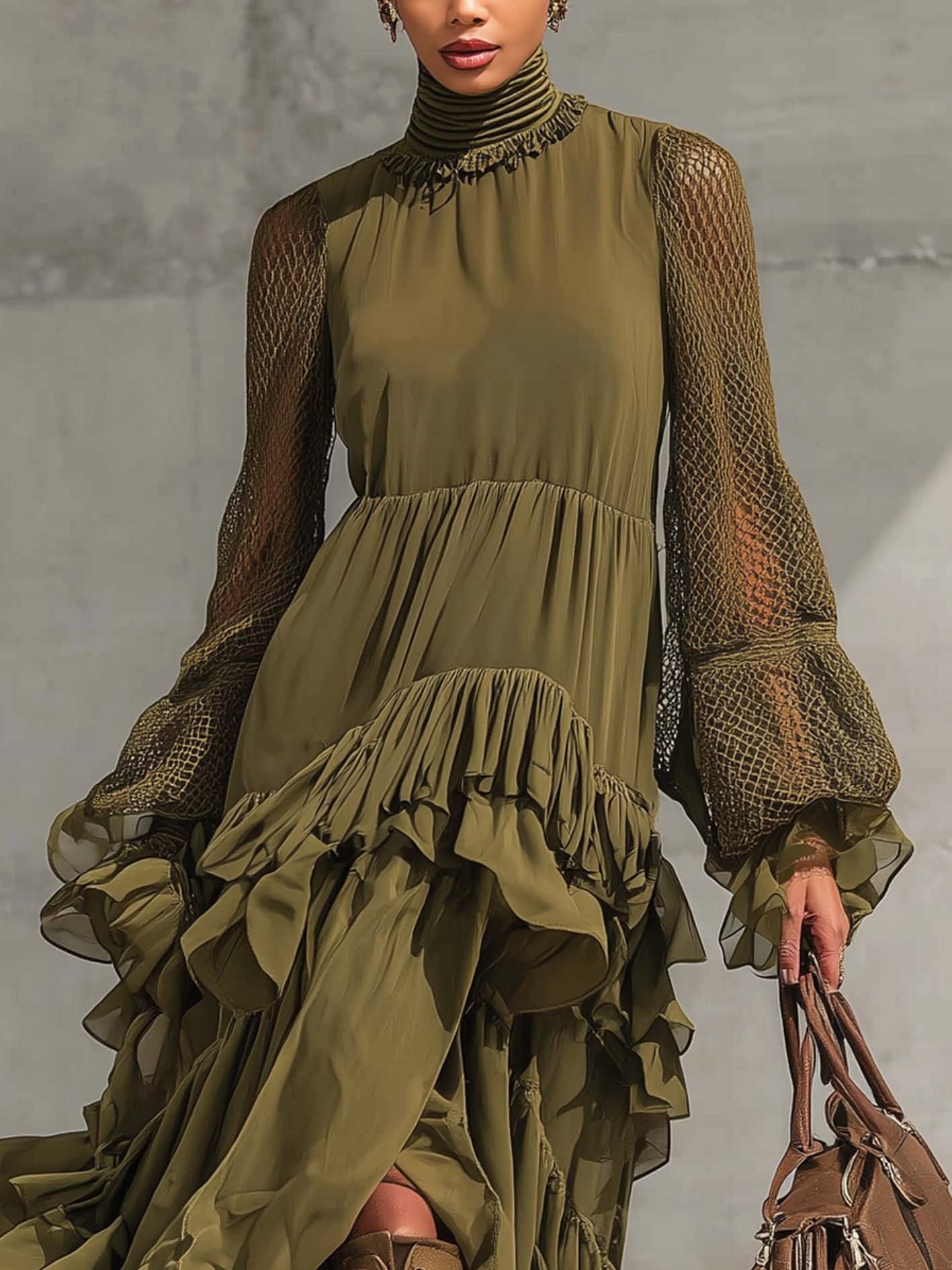 Olive Green Chiffon Mesh Sleeve Ruffled Asymmetrical Hem Midi Dress