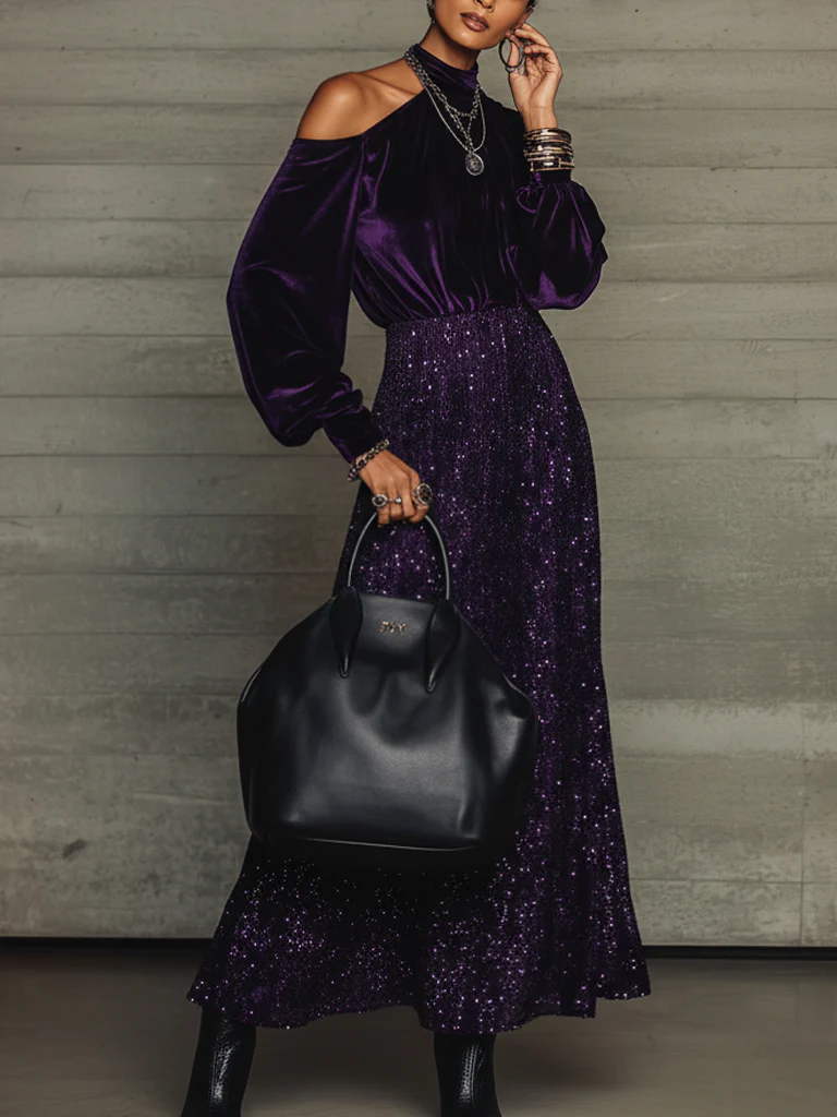 Purple Velvet And Sequin Long Sleeve Maxi Dress